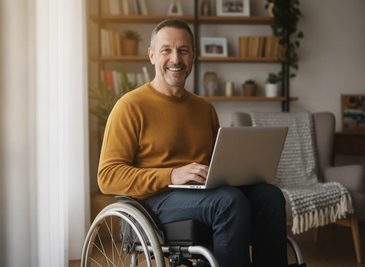 Patient in a wheelchair using a laptop at home