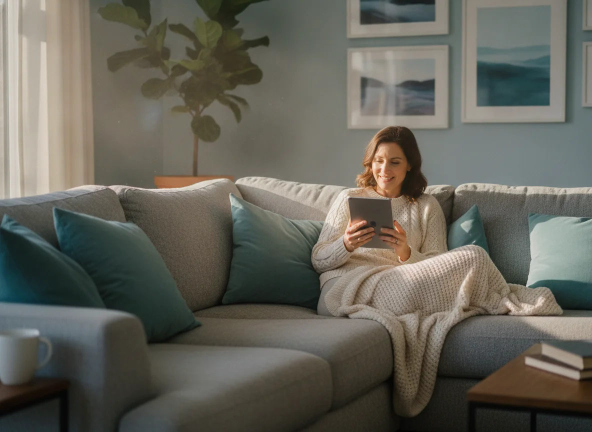 Adult reading a tablet at home